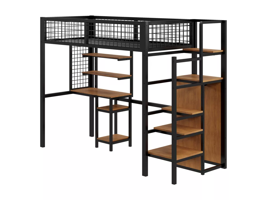 Lit mezzanine 90x200 cm avec bureau, étagères, escalier et armoire - cadre en métal - Noir