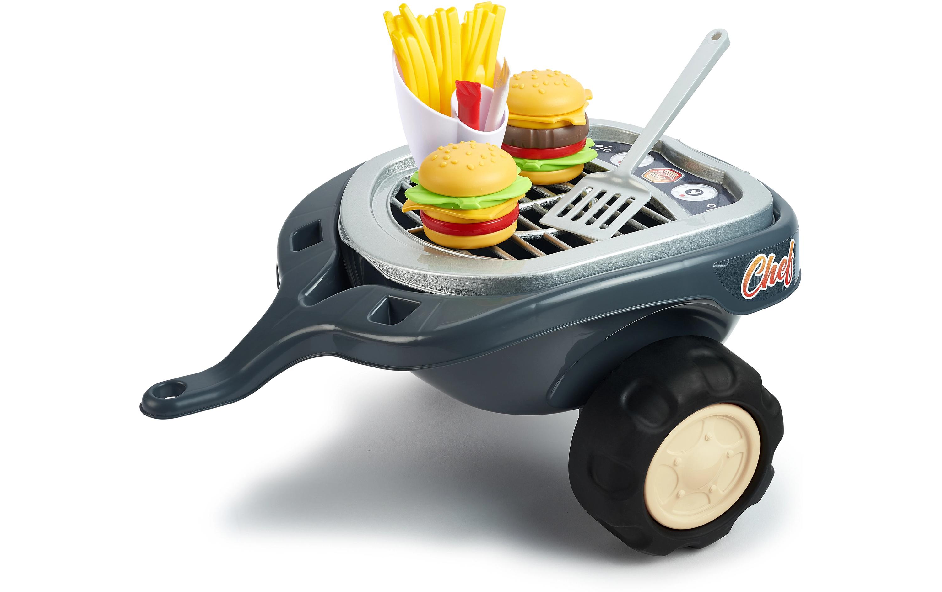 Rutschfahrzeug Food Truck + Anh.Forwarder mit aufklappbarer Sitzfläche, Lenkrad mit Hupe, Anhänger und Zubehör