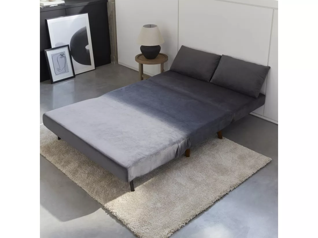 Canapé convertible 2 places gris foncé - Guesta - pieds bois. banquette. dossier inclinable
