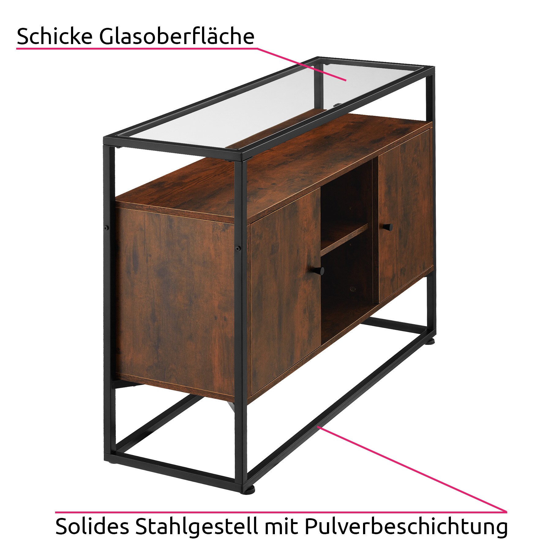 tectake® Sideboard, Industrial Style, Glasplatte, offenes Fach, 2 Staufächer mit Magnettüren und 3 Einlegeböden, 100 x 38 x 80,5 cm
