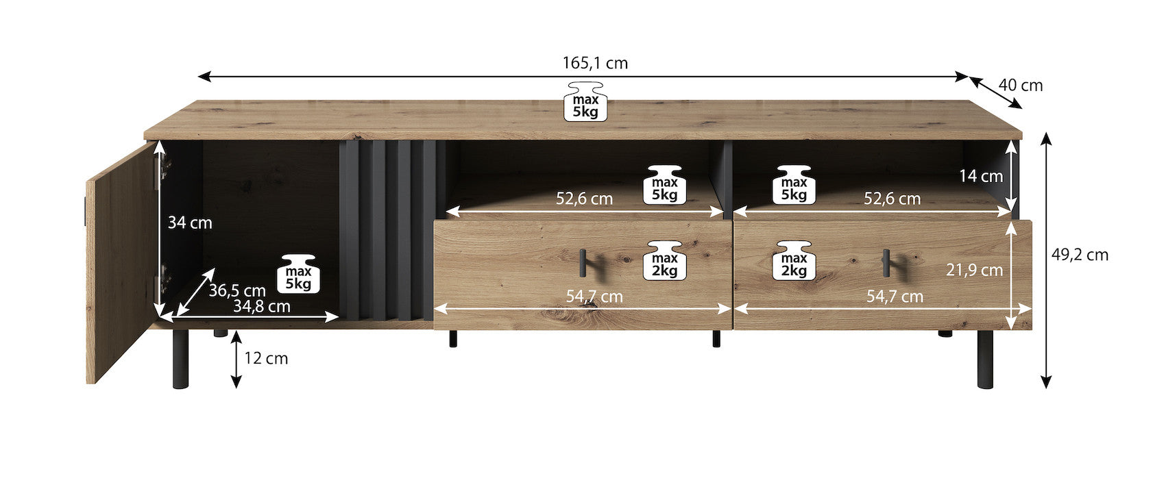Marcos - TV-Meubel - Eiken/antraciet - 165 cm
