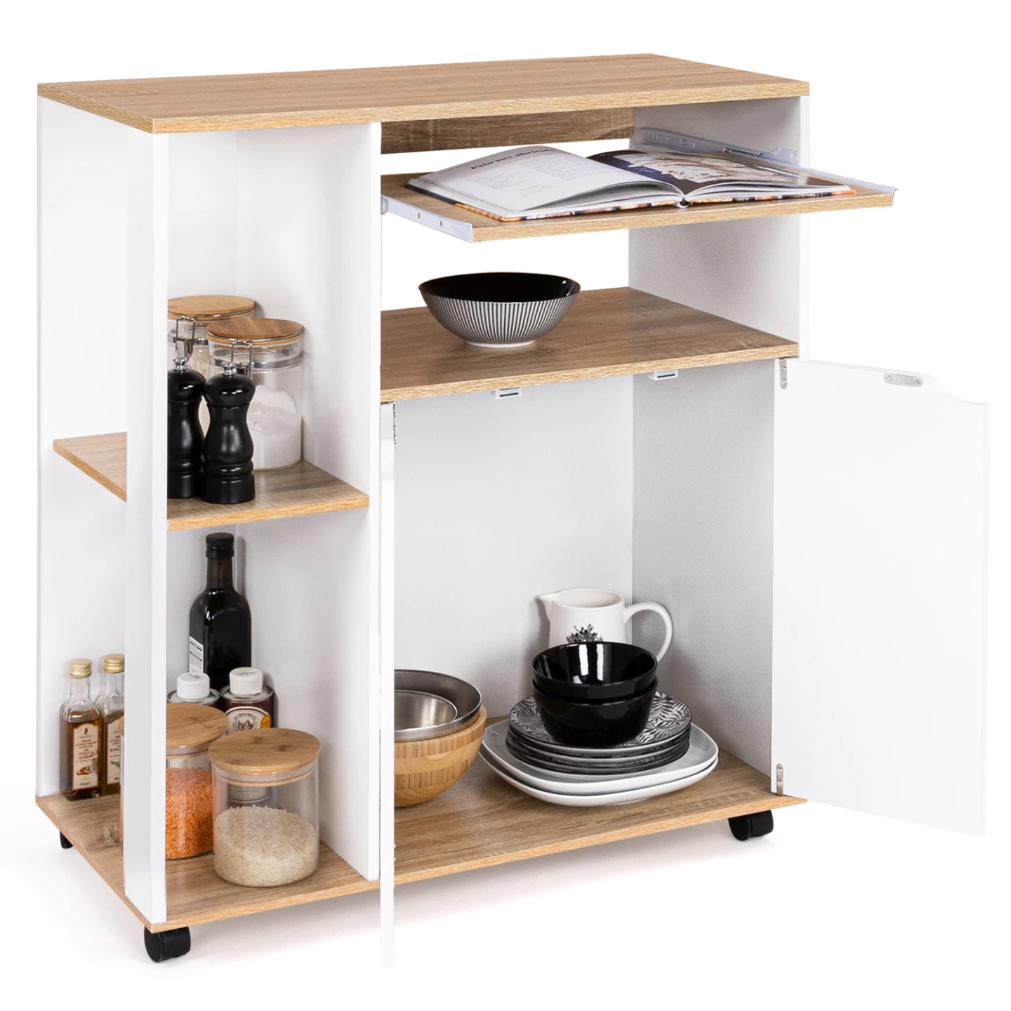 Desserte de cuisine COSI bois blanc et plateaux façon hêtre L.76 CM