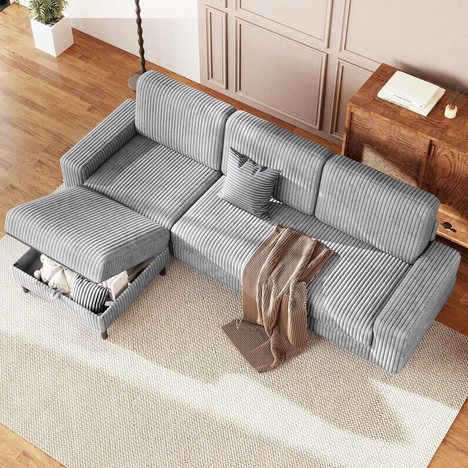 200cm Sofa 3 Sitzer L Form mit Verstellbarer Aufbewahrungs-Hocker, Ecksofa mit Schlaffunktion, Modulares Sofa, Cordcouch, Holzrahmen, tiefer Sitz, Ideal für Wohnzimmer, Grau