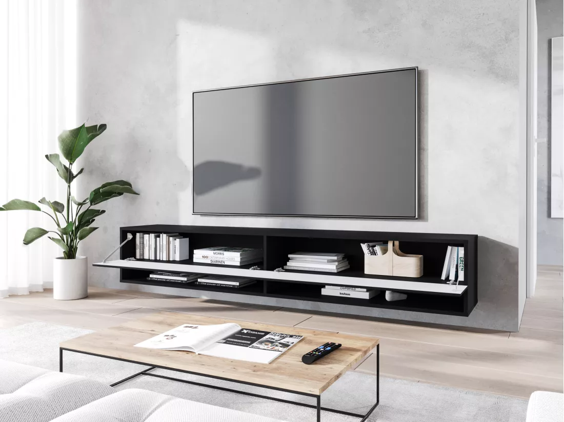 Meuble TV - 180 cm - noir graphite/noir à chevrons - sans LED - WANDER
