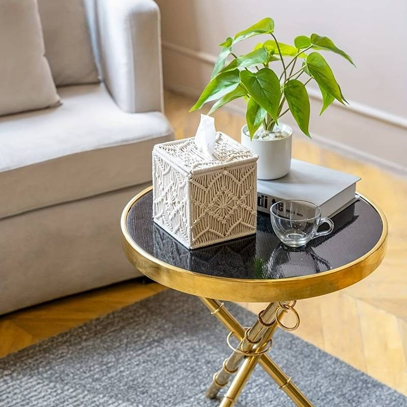 (15x14cm) Makramee Taschentuch Spender Boho Nastuch Dispenser Hygge Lifestyle Kosmetik Tuch Aufbewahrungs Box - Weiss
