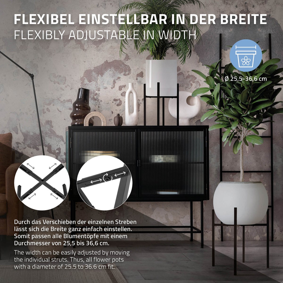 ML-Design Bloemenstandaard, Zwart, 22-30x22-30x40,5 cm, Verstelbare, Moderne Bloempotstandaard, Stevige Metalen Plantenstandaard, In Maat Verstelbare Bloempothouder, Bloempotdecoratie, Bloemenhouder