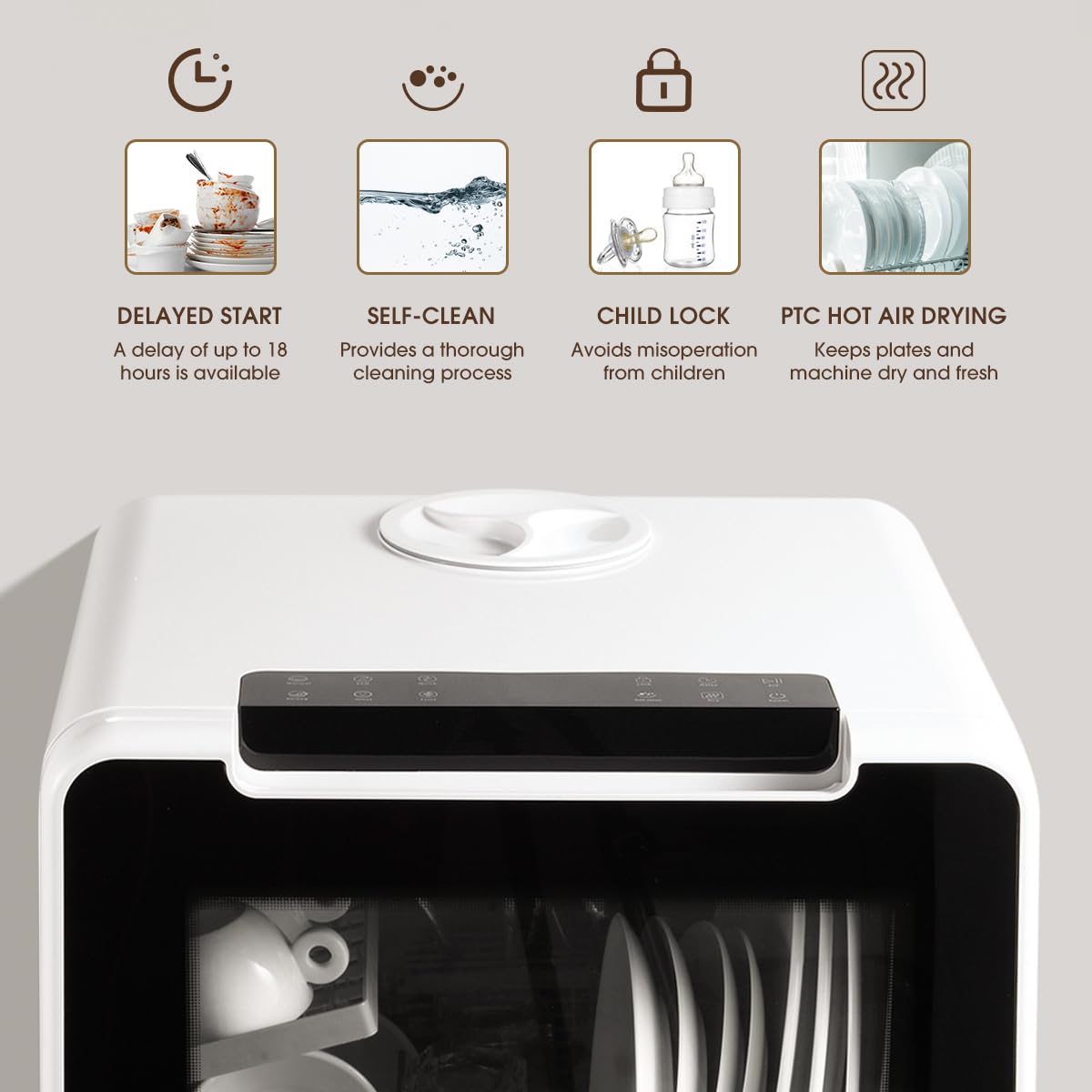 HAVA mini lave vaisselle, nouveau modèle amélioré 2024, 8 programmes de lavage, lave-vaisselle portable avec sécurité enfant et fonction de démarrage