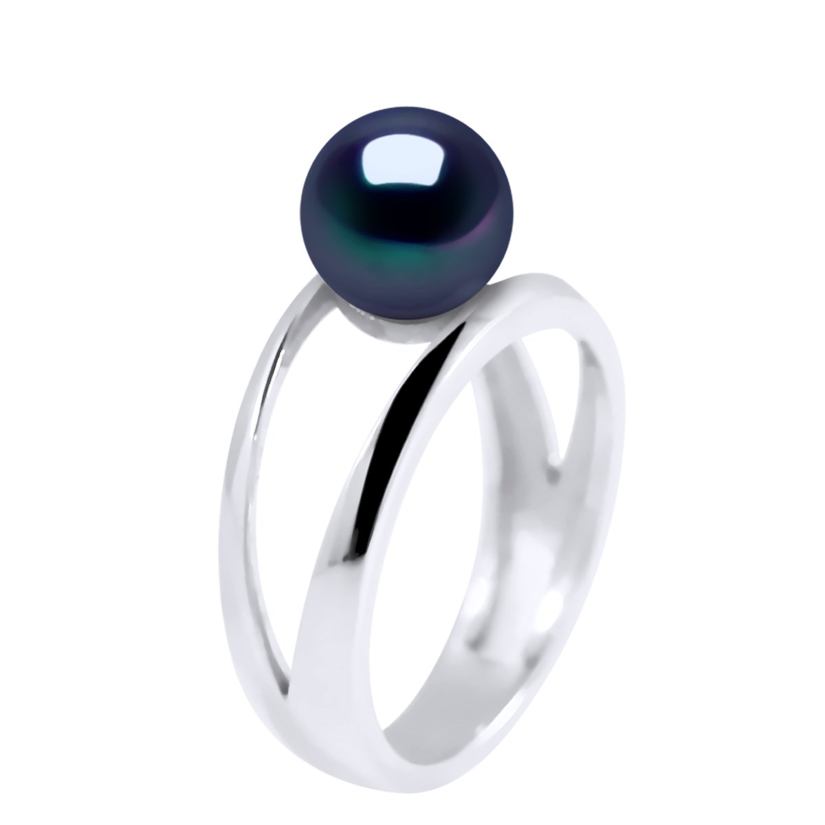 Bague Jonc Perle d'Eau Douce Bouton 7-8 mm Noire Or Blanc