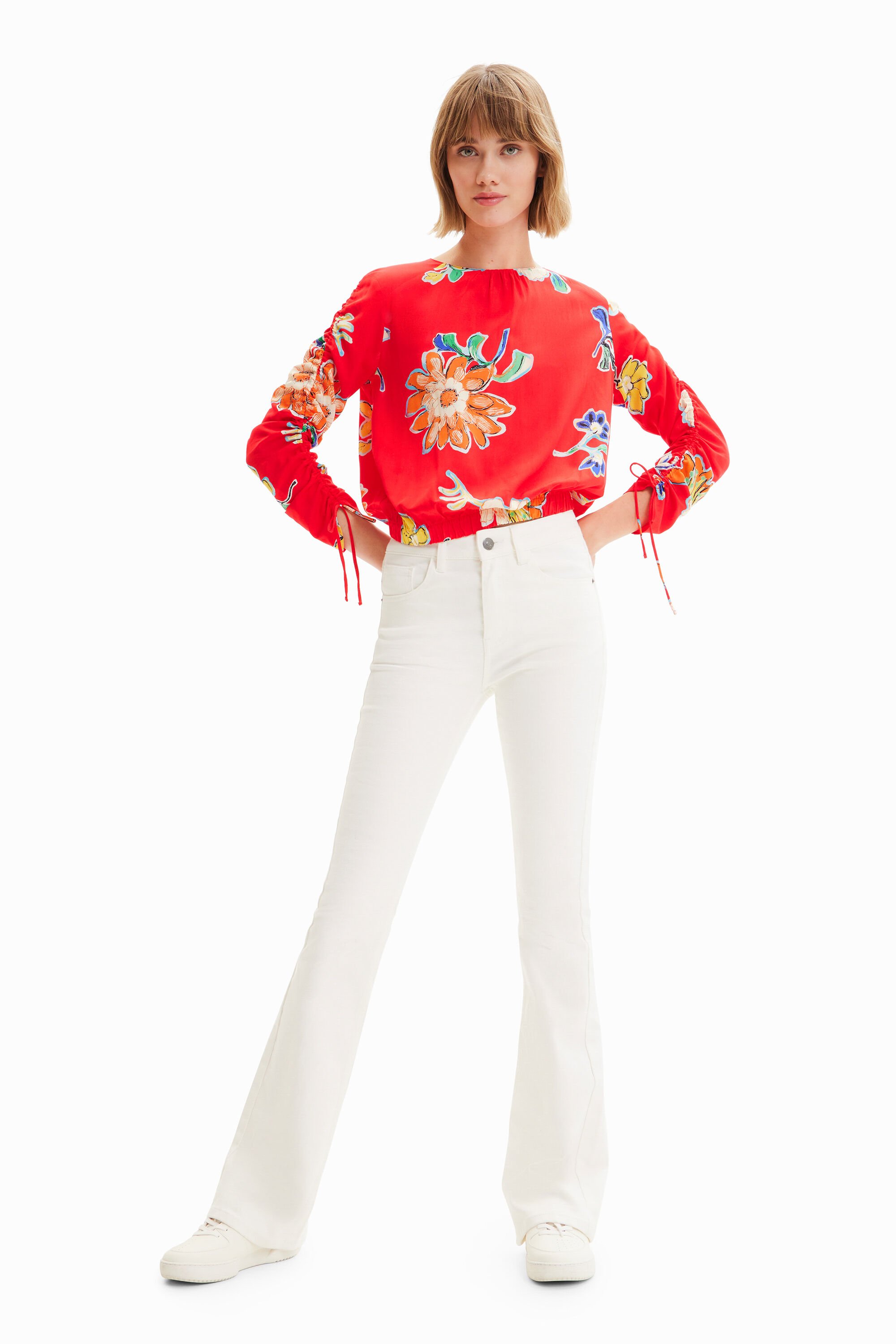 Blouse courte froncée fleurs