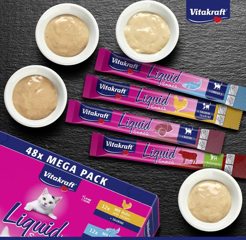Vitakraft - Liquid - Kattensnack - 15 g - Kip, Zalm, Leverworst en Rund - 48 Stuks