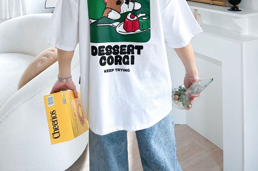 SeoulPop - T-shirt met korte mouwen en hondenprint, losvallend