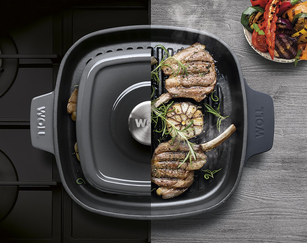 Iron Guss-Grillpfanne, mit Rillen und Steakpresse