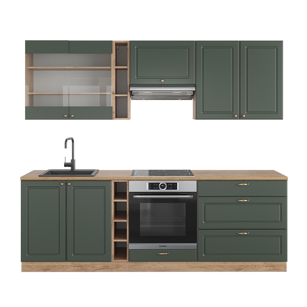 Vicco Küchenzeile Küchenblock Einbauküche Fame-Line Landhaus Eiche Grün 235 cm Gold Küchen Schränke Hängeglasschrank Hängeschrank Schubladenunterschrank Spülenunterschrank Herdumbauschrank
