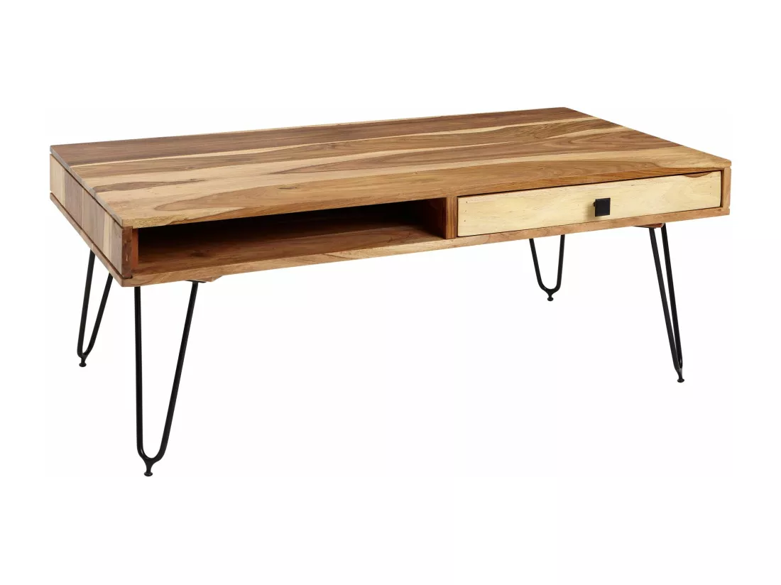 table basse BAGLI en bois massif d'acacia 110 cm de large table de salon design pieds en métal table d'appoint de style campagnard