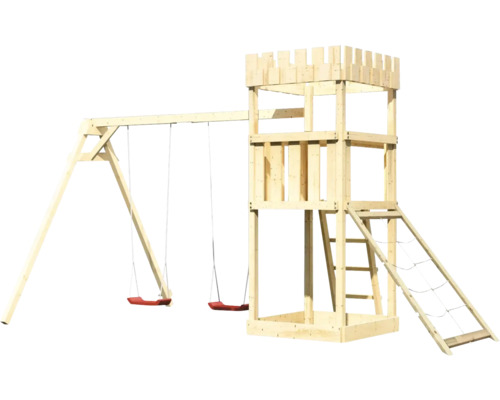 Speeltoren/speelhuis Karibu, 107 x 107 cm, van hout, bestaande uit 2 schommelsets en een nethelling.