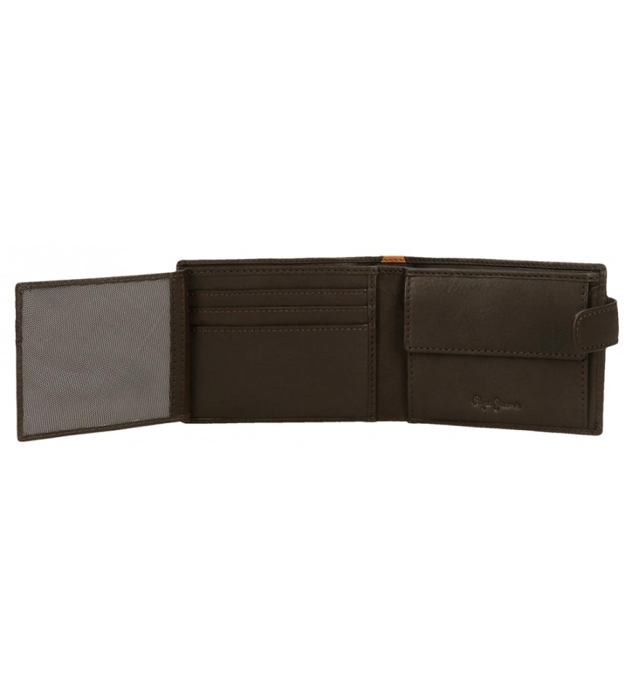Carteira vertical Pepe Jeans Marshal em couro marrom com fecho de clique