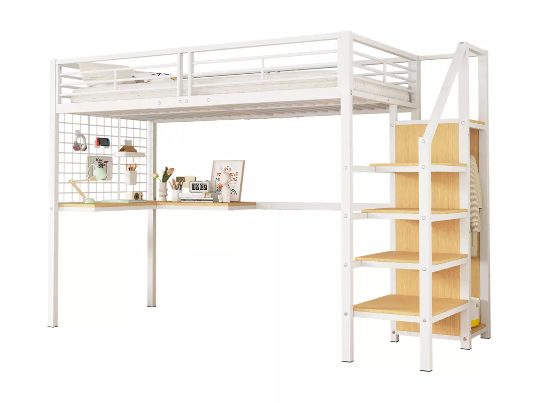 Lit mezzanine 90x200cm, lit enfant avec table et armoire, échelle latérale, acier + MDF, blanc