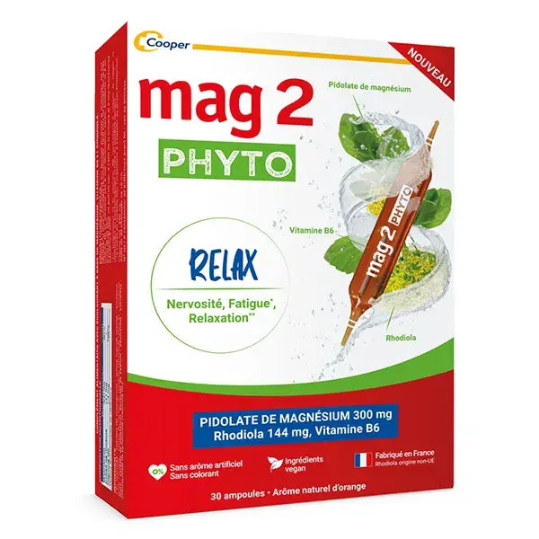 Suplemento alimentar Mag2 Phyto Relax, magnésio e vitamina B6, relaxante do estresse, 30 ampolas.