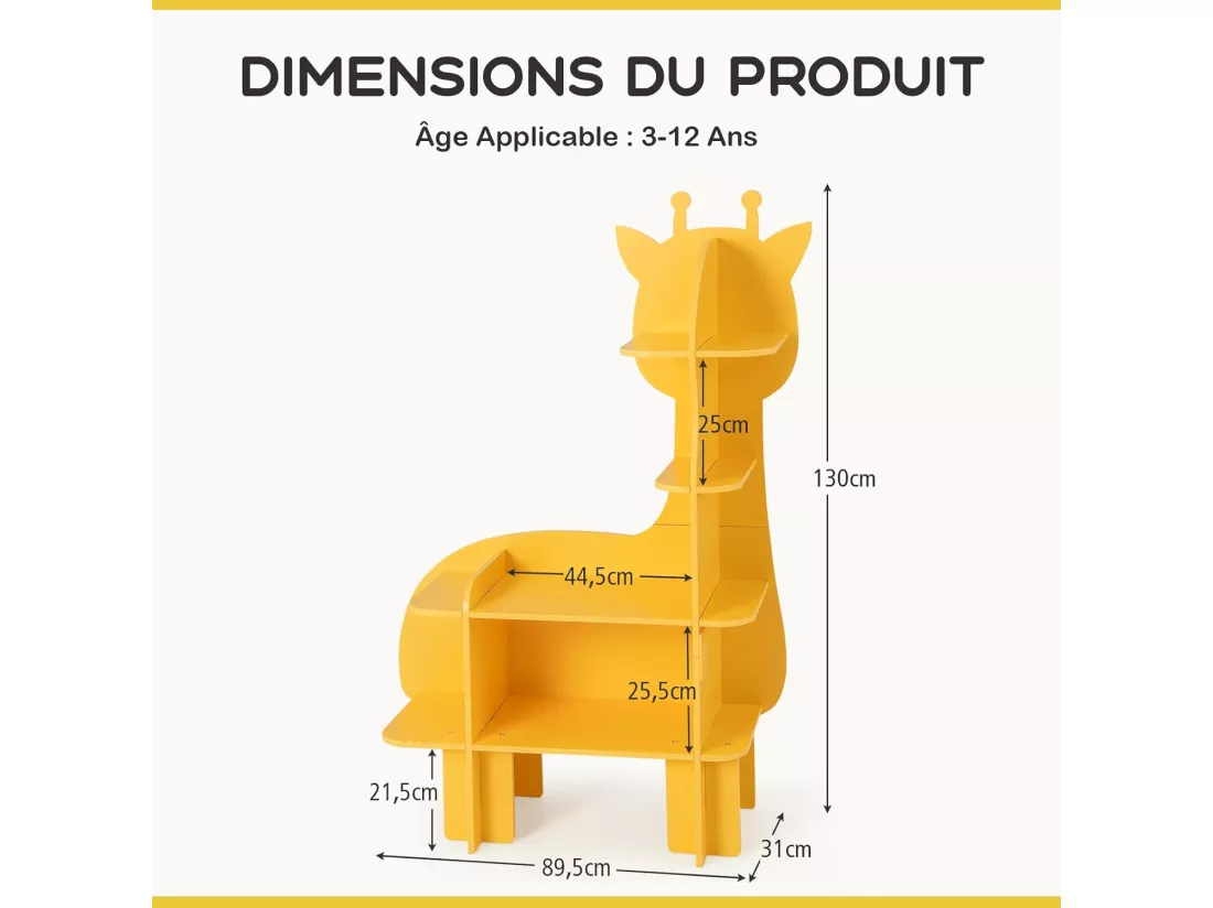 Étagère à livres enfant à 4 niveaux en forme girafe avec étagères ouvertes