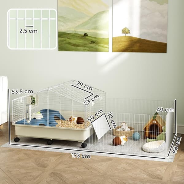 Smådyrbur med lekegrind, kaninbur, smådyrbur med vannflaske, høyfôring, matskål, rampegnagerbur med hjul for marsvin og pinnsvin hvit Aosom