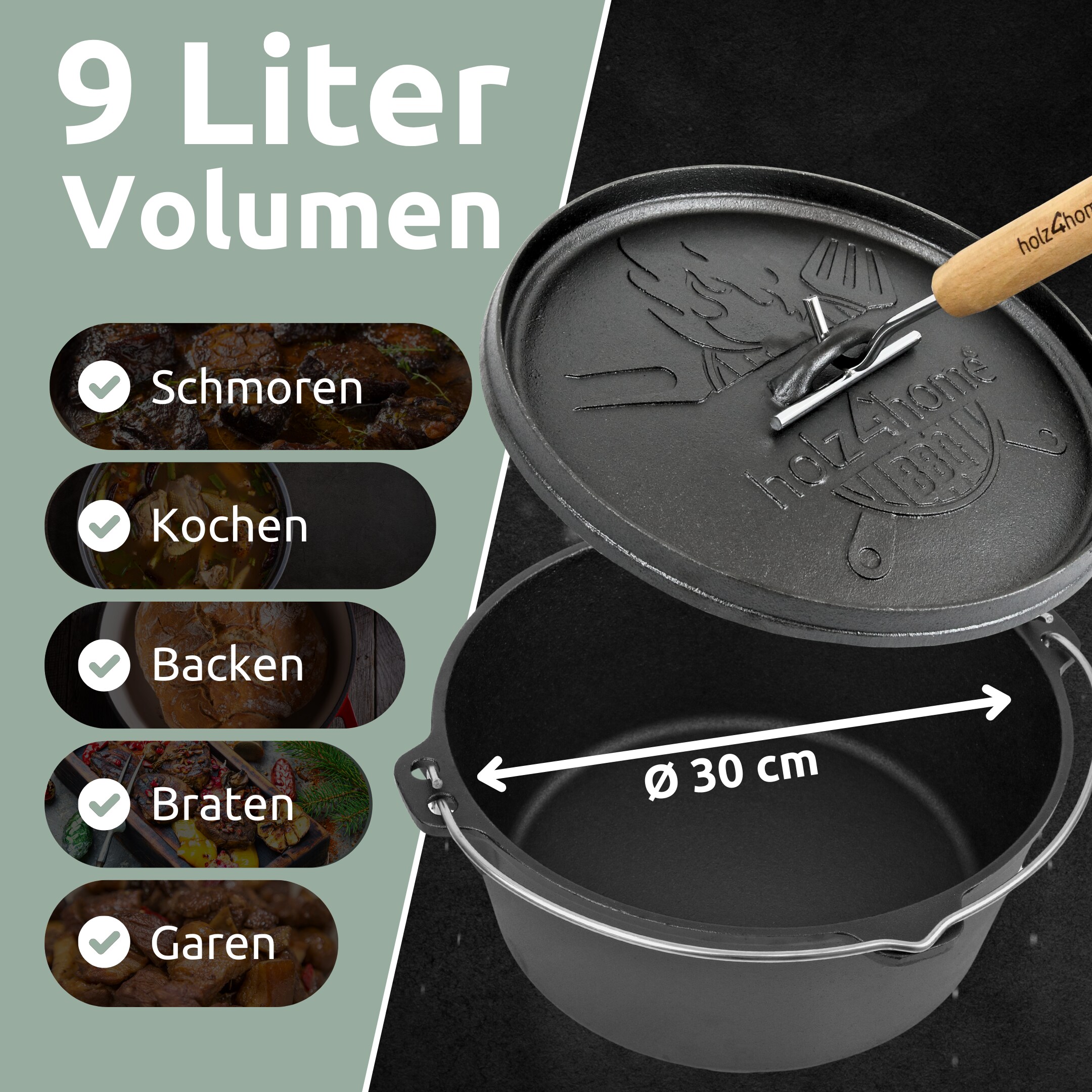 holz4home® Dutch Oven ohne Füße I eingebrannter Feuertopf aus Gusseisen I inkl. Deckelheber, Topfständer und Reinigungsbürste | 9 Liter