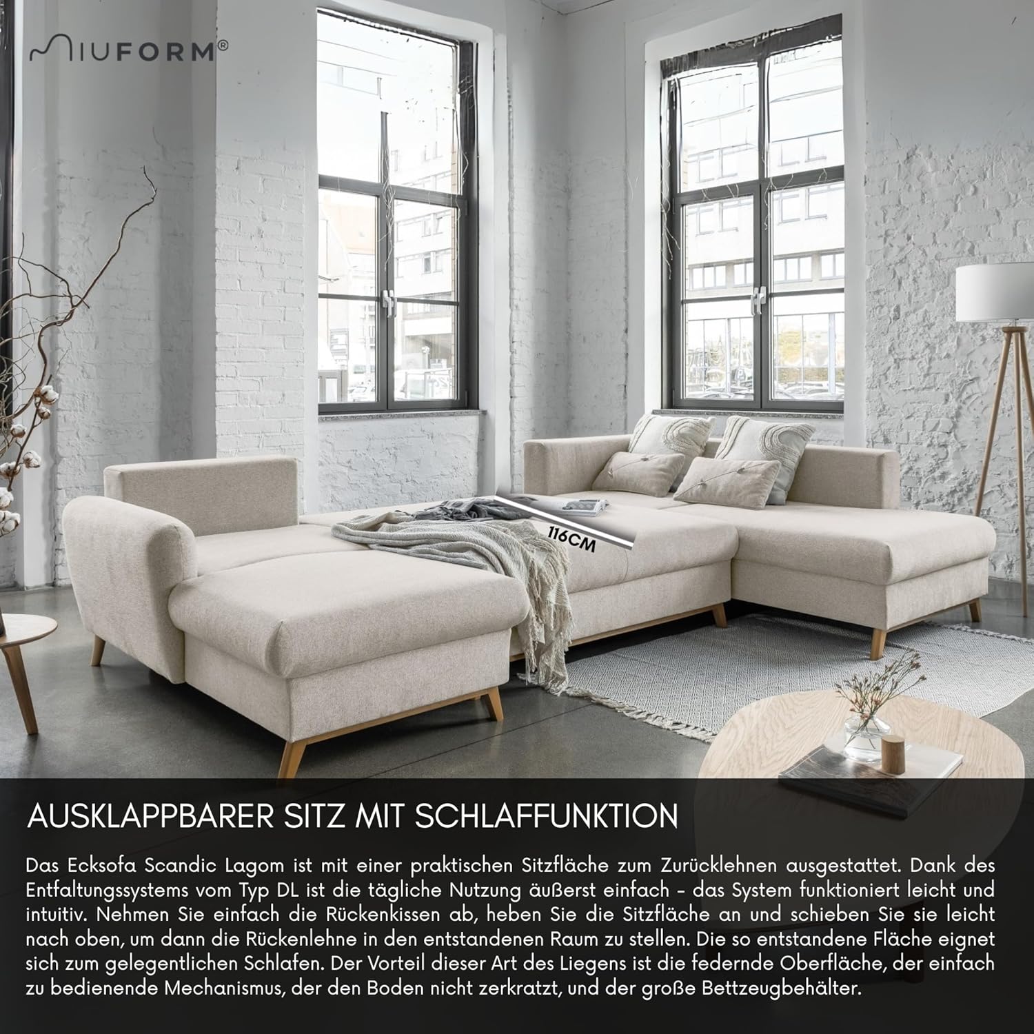 MIUFORM Scandic Lagom mit Bettkasten | 8 Sitzer Sofa | U-Form rechts | 312x202x90cm Couch | Klappsofa mit Schlaffunktion (Beige)