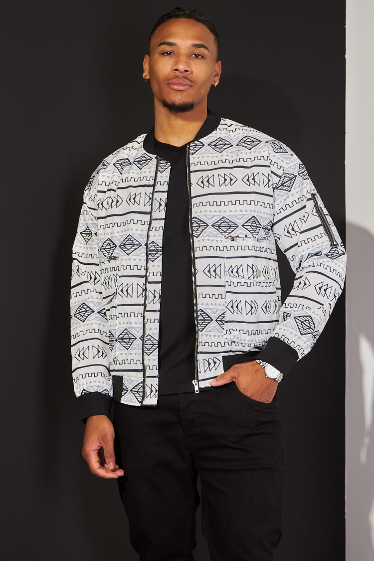 Bomber blanc à motif aztèque tricolore