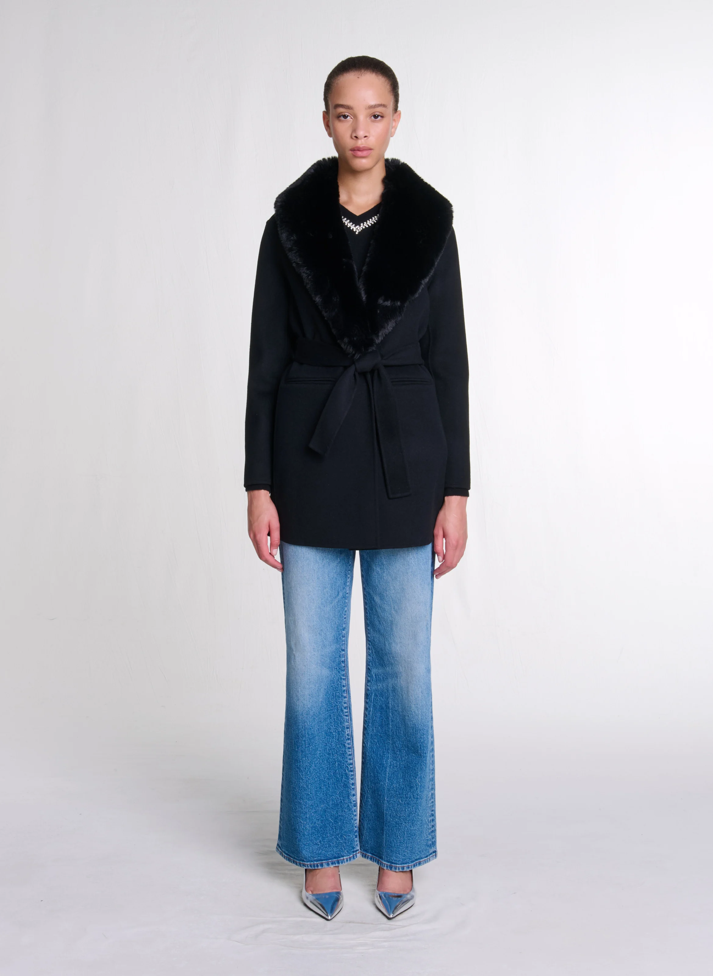 Manteau col effet fourrure en laine mélangée | Noir
