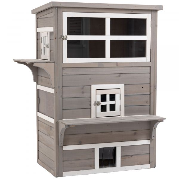 Pawhut Casa de Madeira Exterior Casa Grande de 3 Andares com Múltiplas Entradas Janelas 98x68,5x122cm Cinza