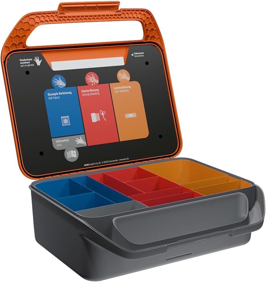 Erste-Hilfe-Koffer WERO Smart Case groß DIN 13169 - kompakt, robust & übersichtlich - staub- & spritzwassergeschützt - mit Farbleitsystem - mit Wandhalterung - mit MasterTex Pflaster