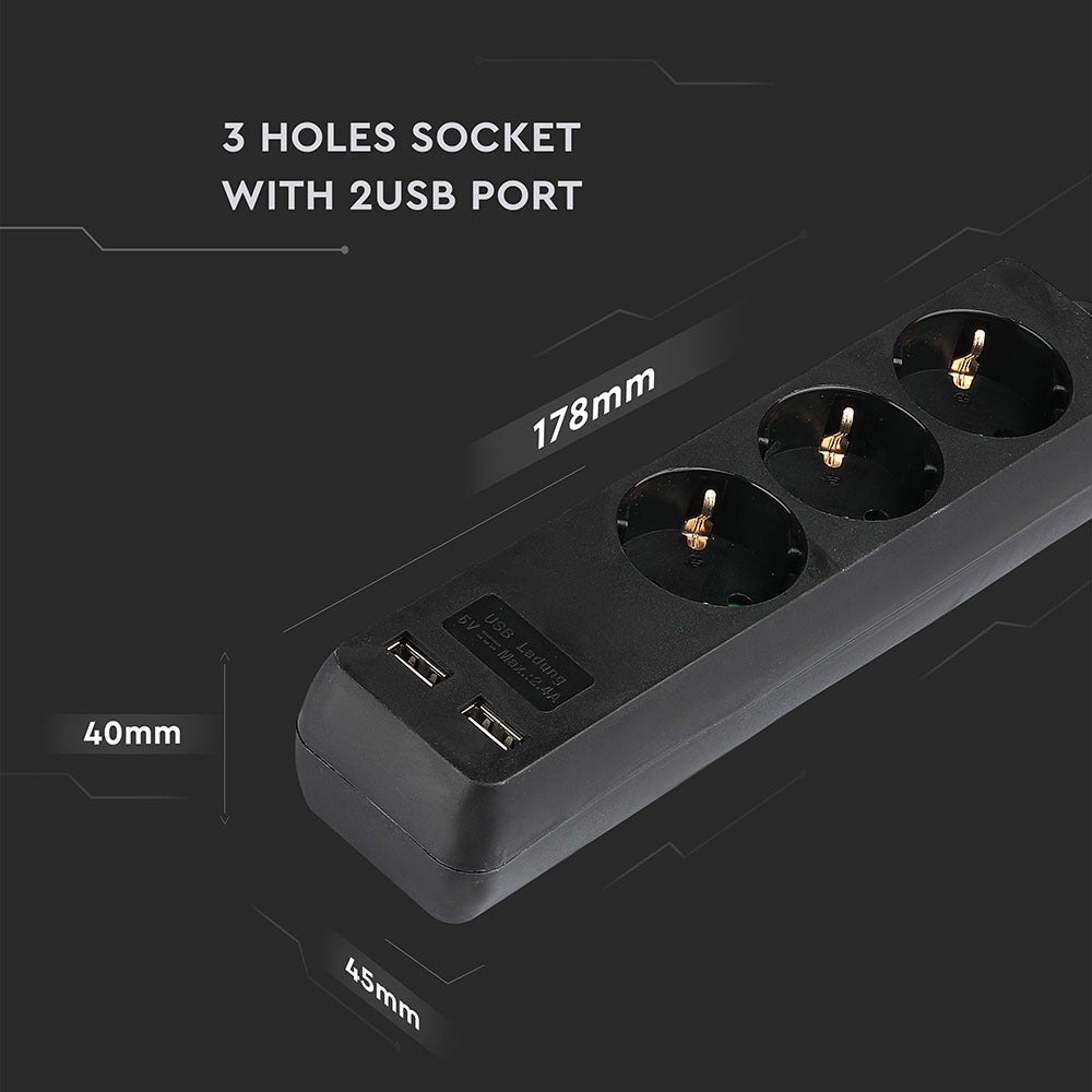 3-voudige stekkerdozen - USB - Zwart - IP20 - 5 m kabel
