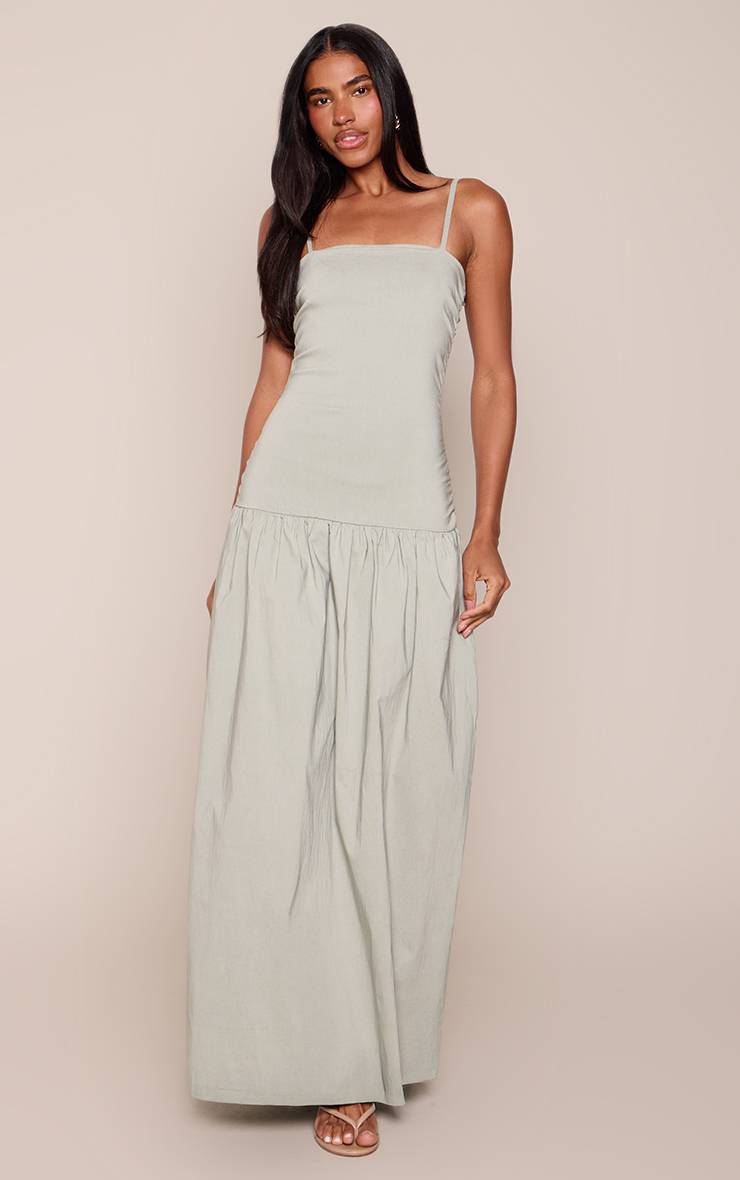 Vert Sauge Robe Maxi Froncée À Bretelles En Tissu Extensible Tissé