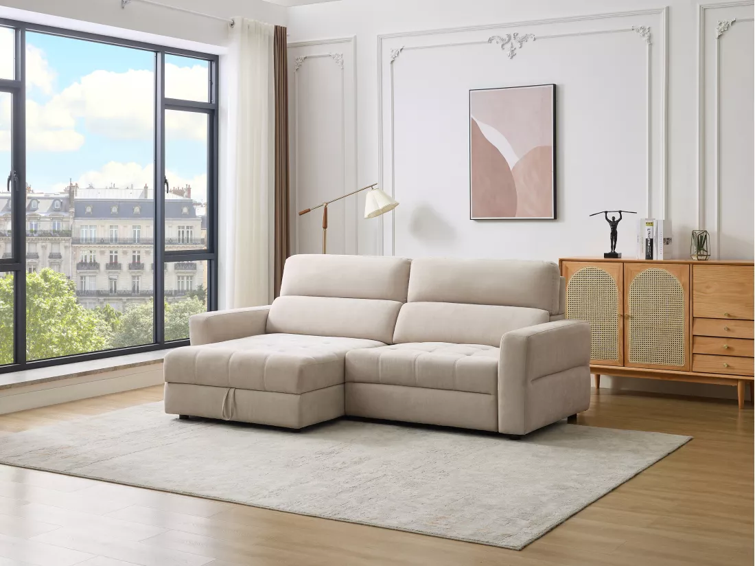 Canapé d'angle gauche relax électrique avec assise coulissante en tissu beige OLMERIO