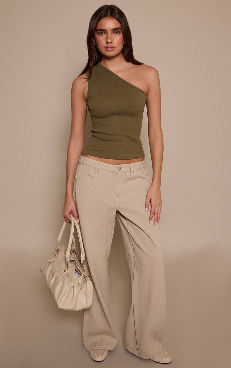 Vert Olive Top Long Asymétrique Côtelé Moulant Couleur Crème
