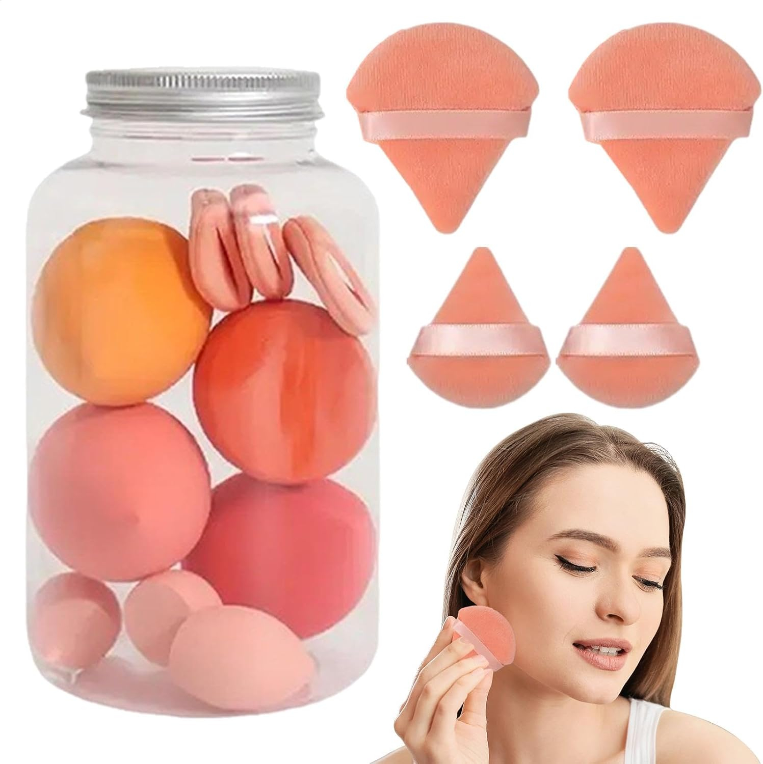 (14-tlg. Set) Make Up Kosmetik Schwamm / Puderquaste / Beauty Blender mit Aufbewahrungsbox - Orange