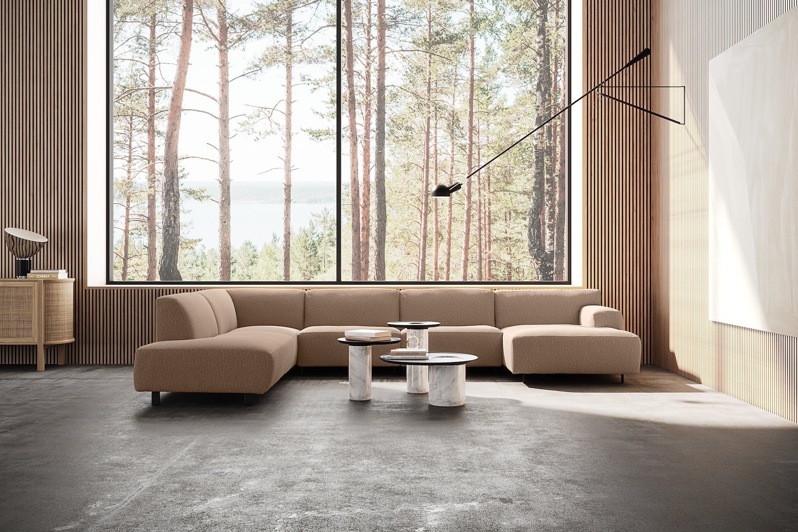 Vesta U-sofa Sjeselong høyre, 3-seter og åpen ende venstre. Big hjørnemodul, Tekstil Marsel Bronze, sort metallben 10 cm, Comfort CM