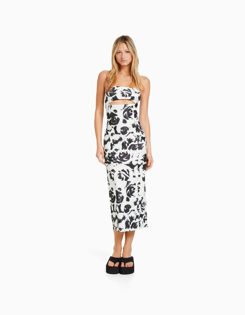 Vestido bandeau estampado com recortes