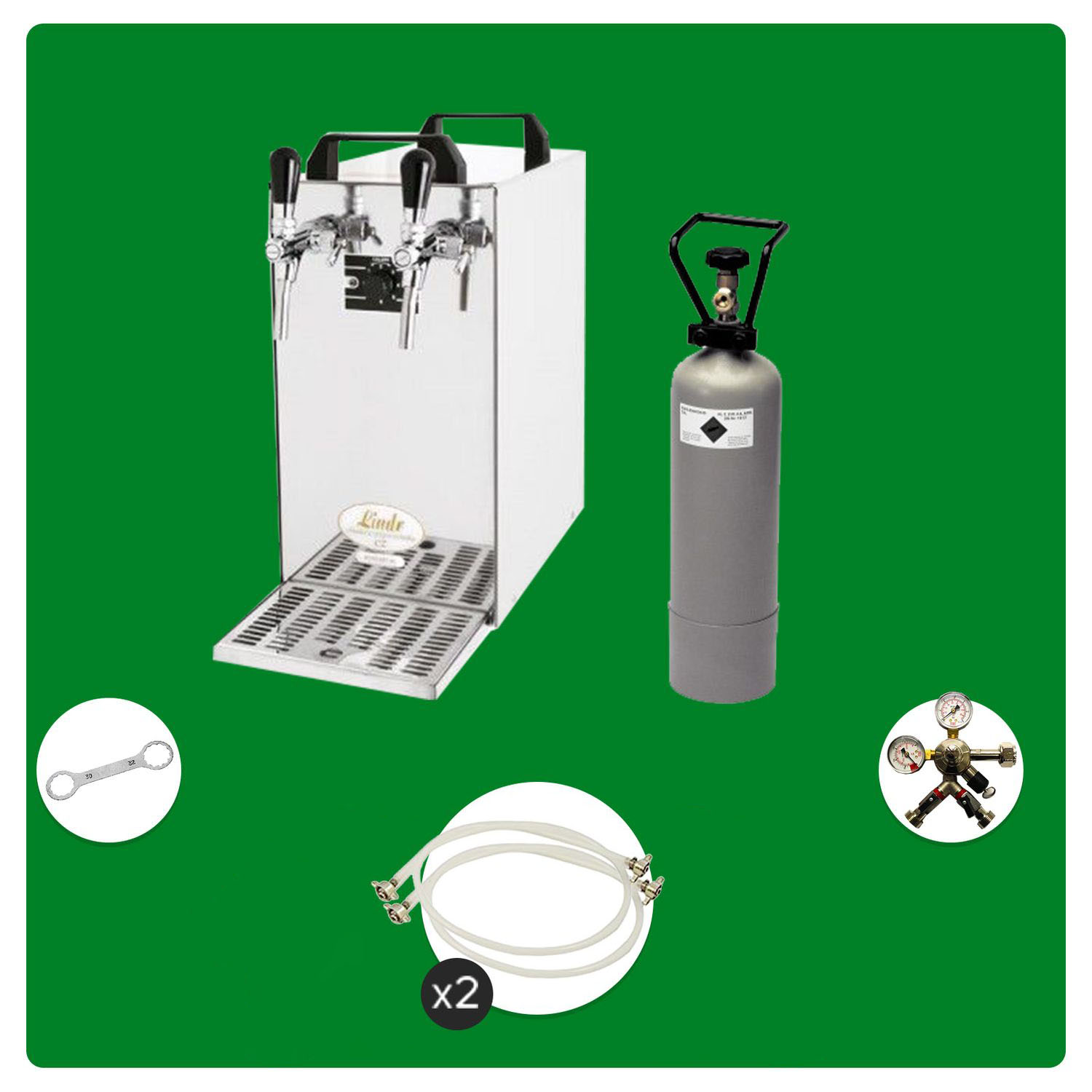 Komplett Set - Zapfanlage, Bierzapfanlage - Kontakt 40 2-leitig Trockenkühler, Durchlaufkühler 50 Liter/h, Green Line, Korb,Flach
