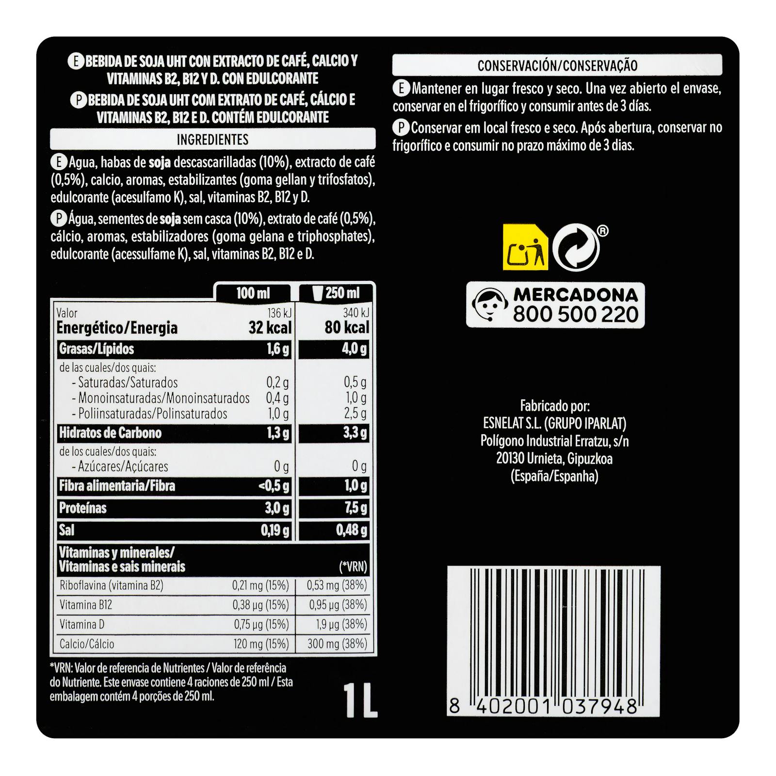 Boisson au soja au goût de café 0% de sucre