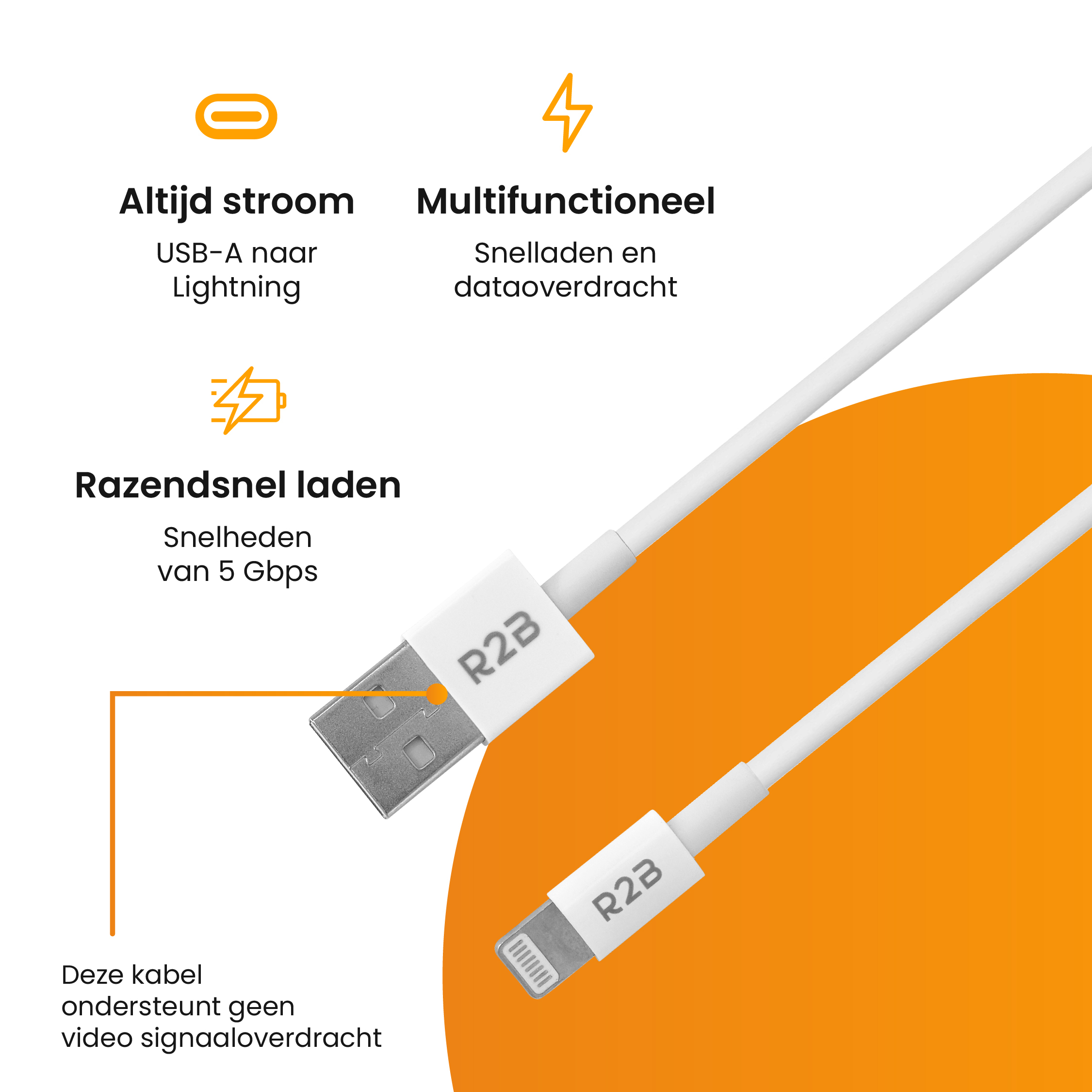 R2B 1 Meter Witte USB-A naar Lightning Kabel