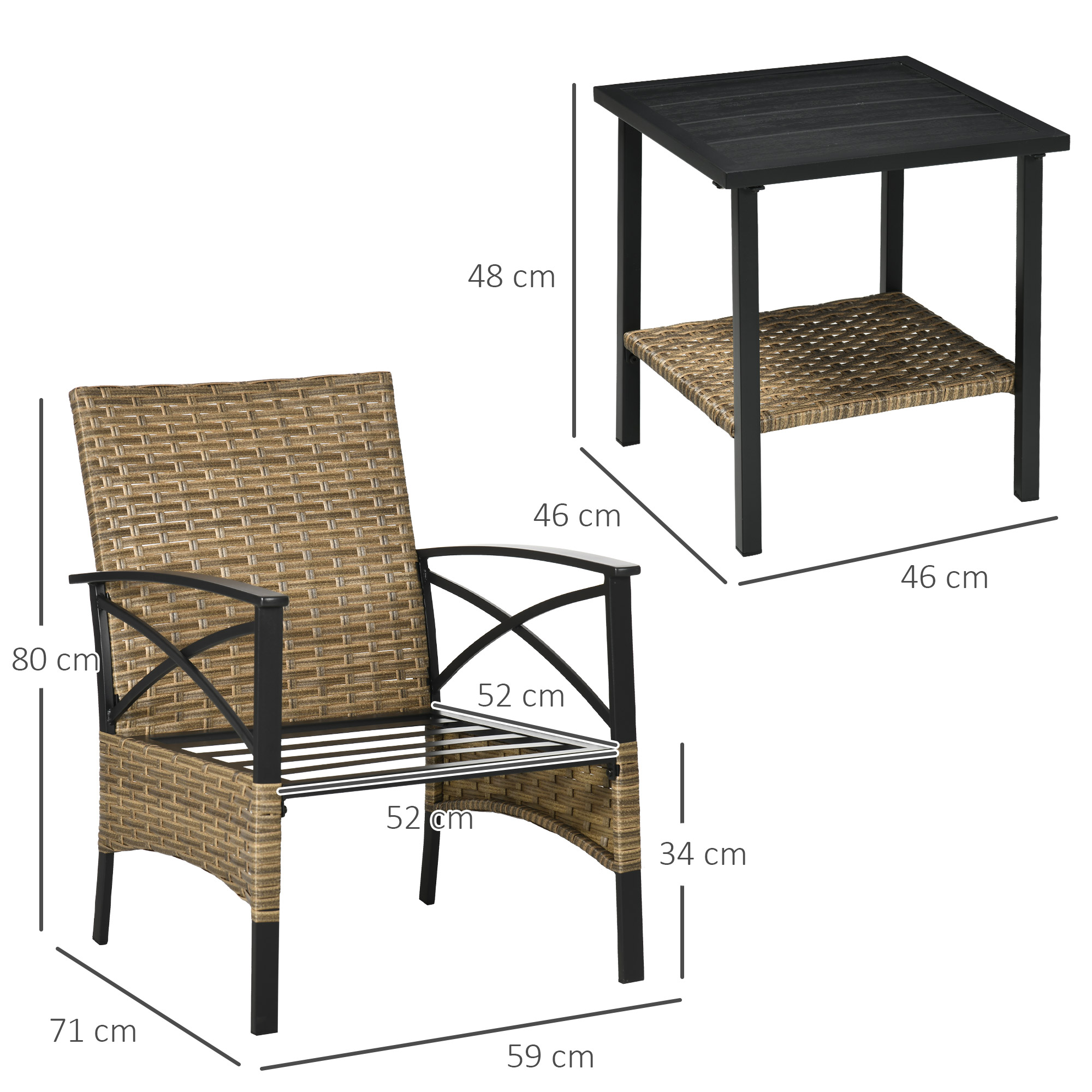 Conjunto de móveis de jardim Outsunny de 3 peças, composto por 2 cadeiras de vime e mesa com 2 almofadas acolchoadas e estrutura de aço para pátio, varanda e uso externo, marrom.