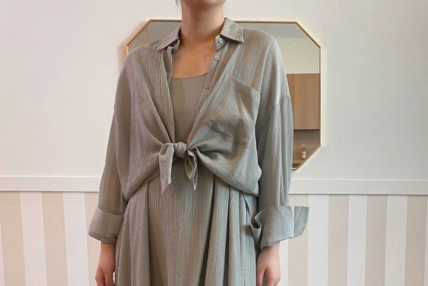Chubby Girl - Set: effen shirt met lange mouwen + jurk met spaghettibandjes