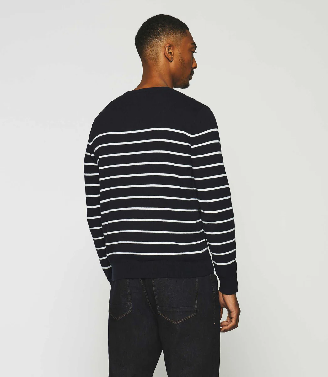 Pull marinière col rond en coton cachemire marine et écru DAYMON