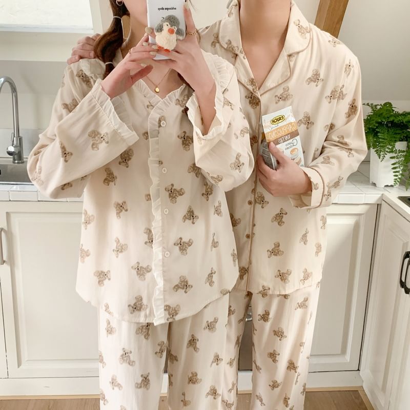 Sadelle - Koppel bijpassende pyjamaset met lange mouwen en berenprint
