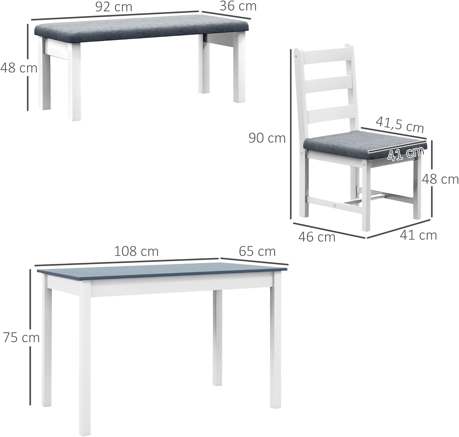 HOMCOM Essgruppe Esstisch mit 2 Stühlen, 1 Bank Platzsparend Esszimmergruppe aus Massivholz Sitzgruppe mit Sitzkissen Küchentisch-Set für Esszimmer, Küche Grau+Weiß