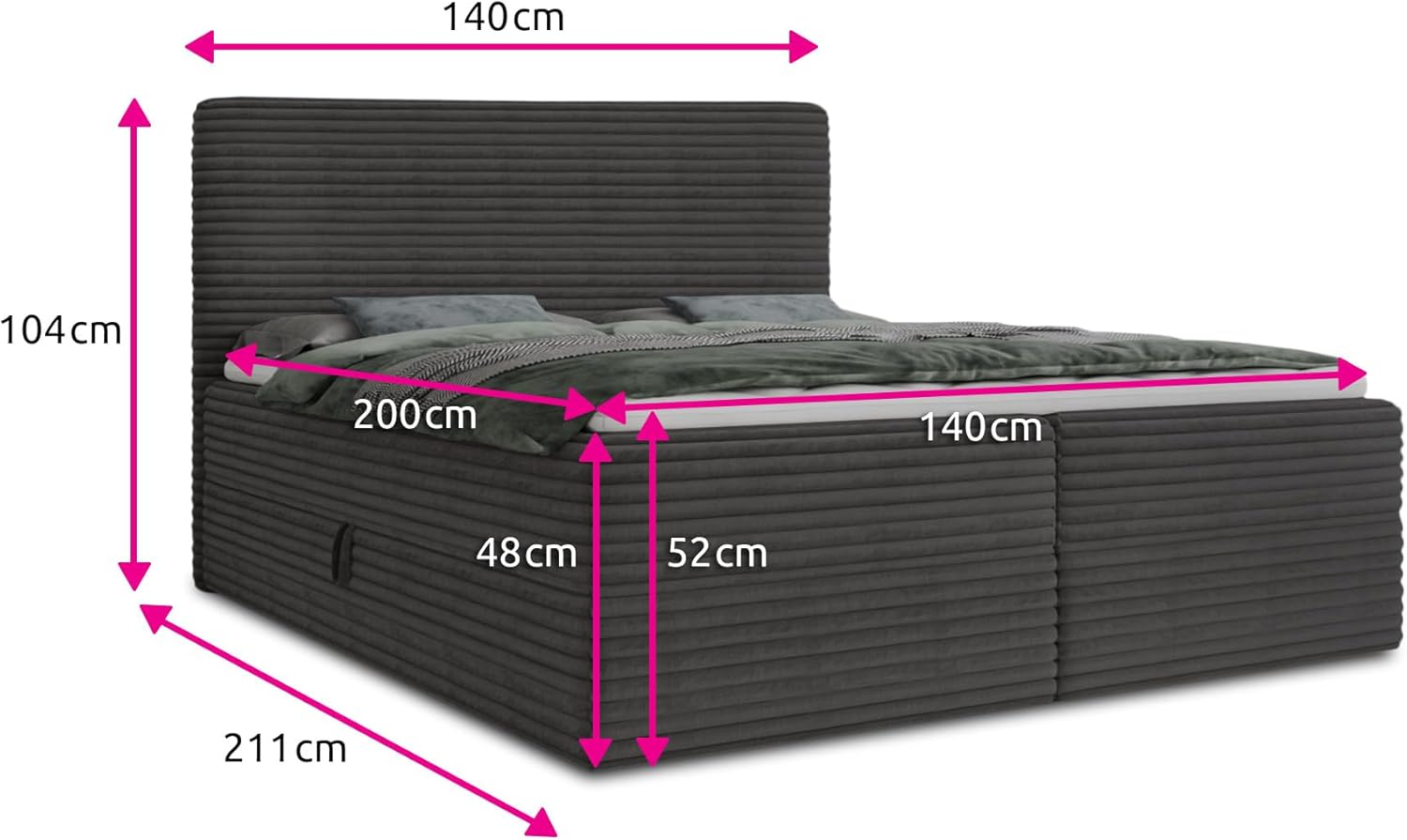 Boxspringbett Mollo mit 2 Bettkästen, Doppelbett mit Bonell-Matratze und Topper, Polsterbett in weichem Cordstoff, Bett, Bettgestell für Schlafzimmer (Graphit (Tilia 90), 140 x 200 cm)