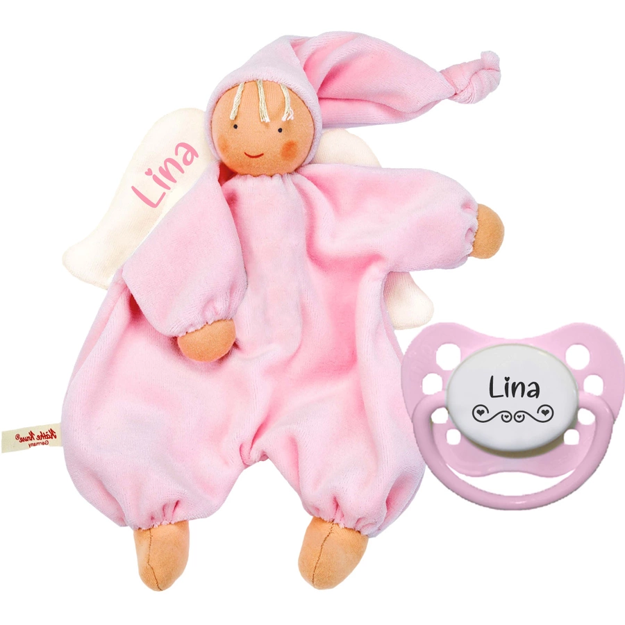 Schnullireich Geschenkset Käthe Kruse Schmusetuch Gugguli Engel mit Namen + NIP Namensschnuller Rosa