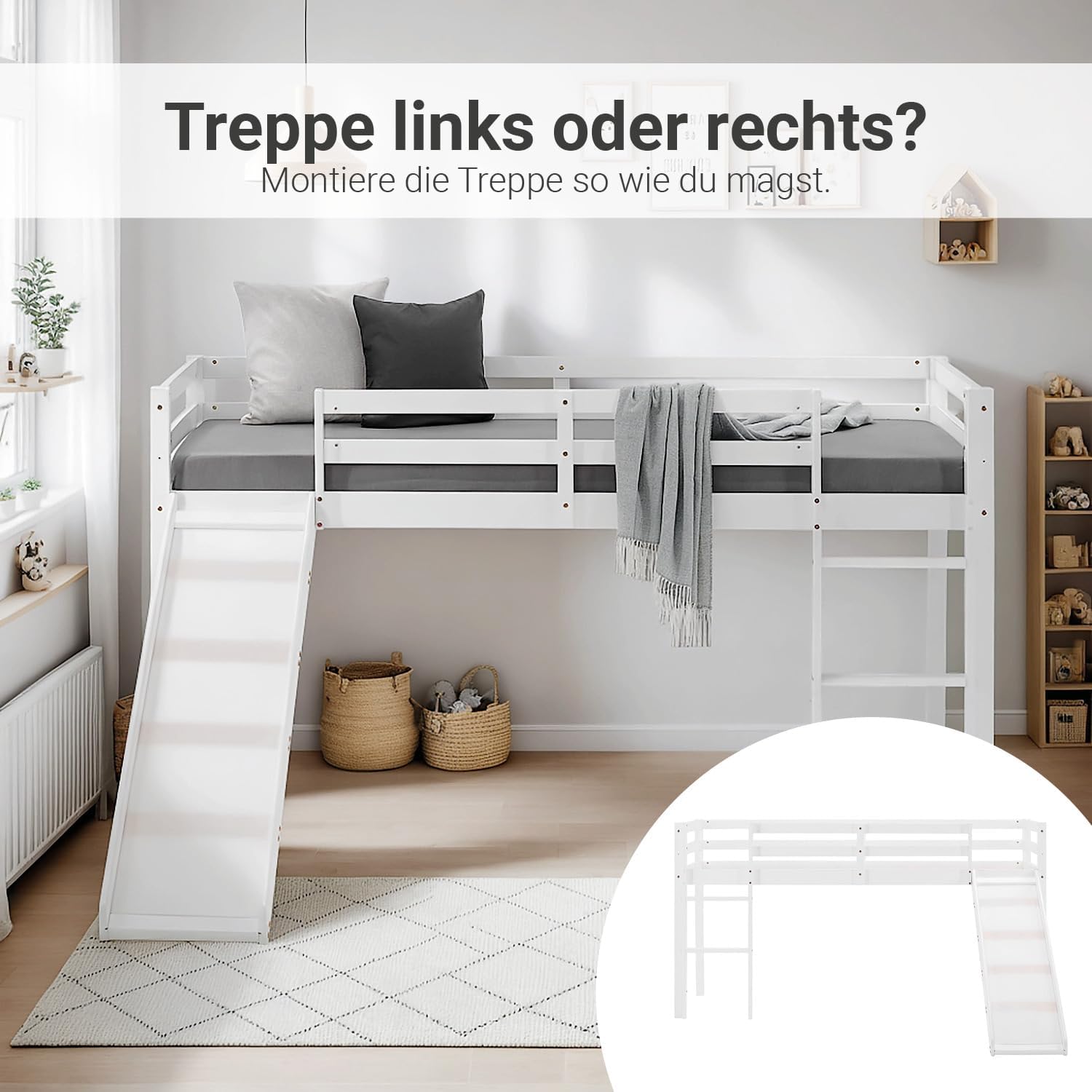 Homestyle4u Hochbett 90x200 mit Rutsche Treppe Weiß Kinderbett Etagenbett Bettgestell Kiefer Holz Massiv Stockbett Bunk Bed | Artikel 1434