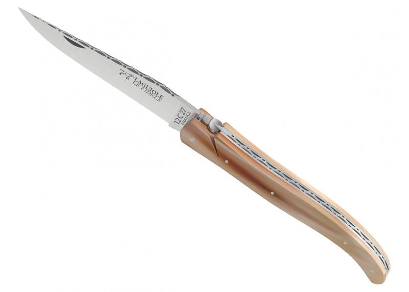 Couteau Laguiole ressort forgé Plein Manche en pointe de corne blonde