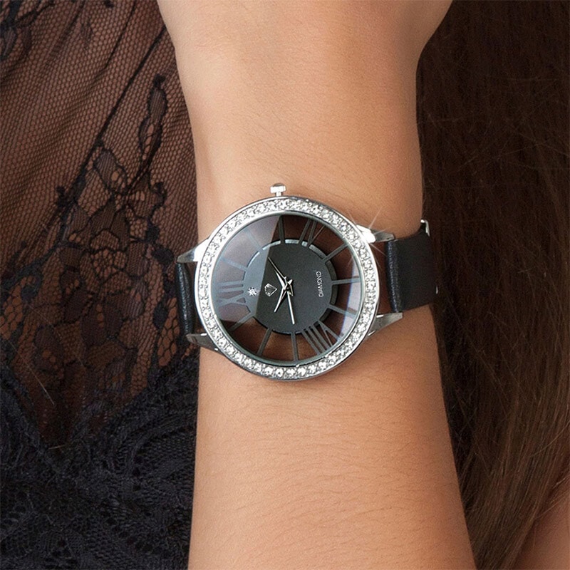 Montre Lara - Cuir, laiton & cristaux & diamant - 42 mm